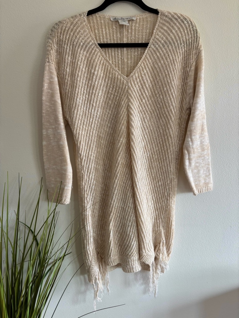 American Rag | Cream, fringe, V-Neck Sweater
